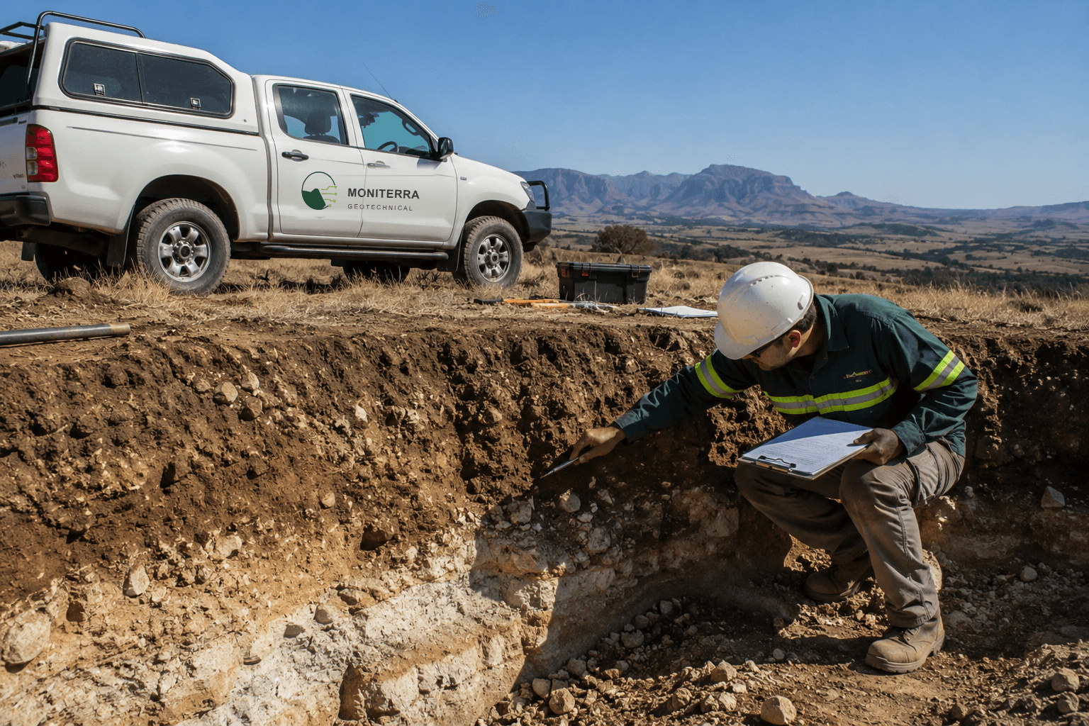 Engineer logging a trial hole profile on site