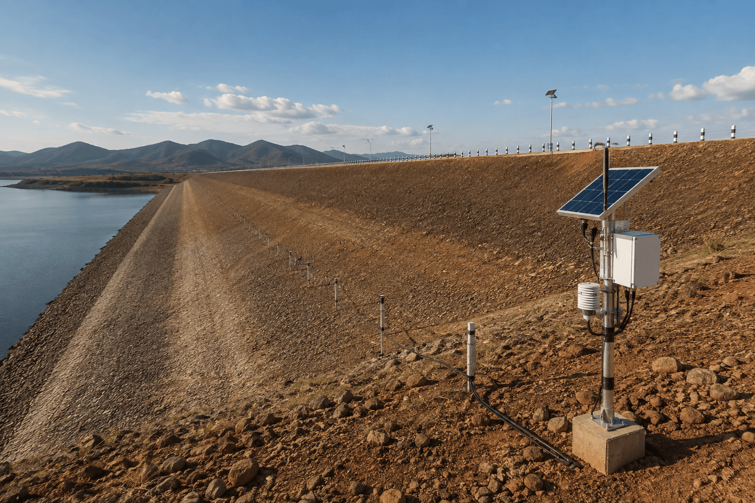 Solar-powered monitoring station on a dam embankment